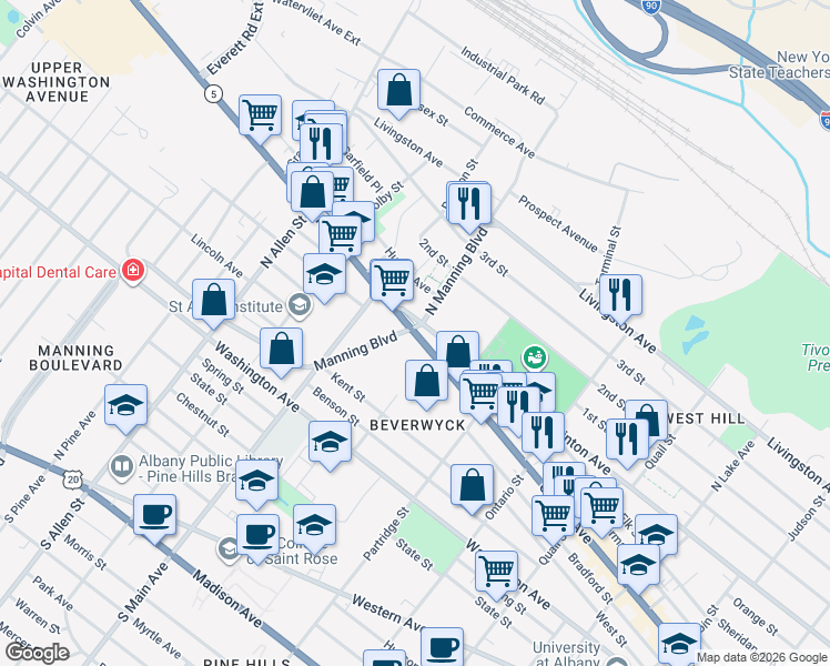 map of restaurants, bars, coffee shops, grocery stores, and more near 547 Central Avenue in Albany