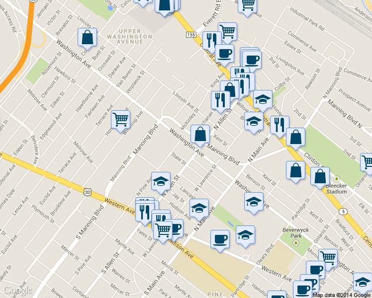 map of restaurants, bars, coffee shops, grocery stores, and more near 858 Washington Avenue in Albany