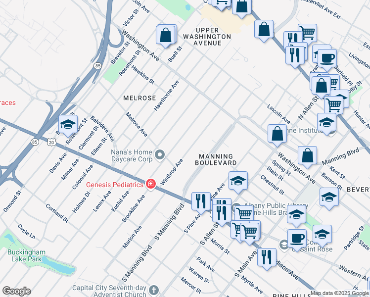 map of restaurants, bars, coffee shops, grocery stores, and more near 78 Winthrop Avenue in Albany