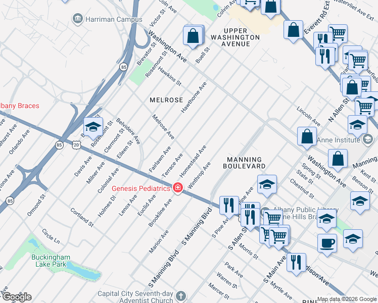 map of restaurants, bars, coffee shops, grocery stores, and more near 21 Melrose Avenue in Albany
