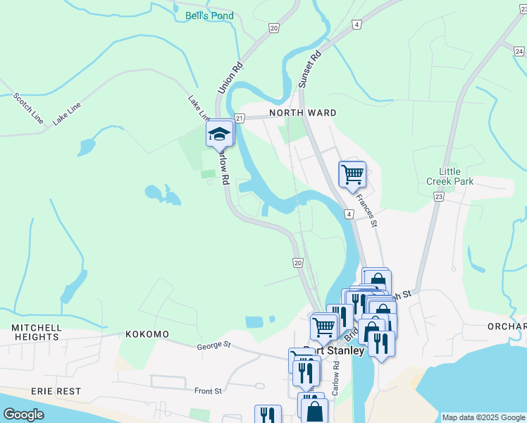 map of restaurants, bars, coffee shops, grocery stores, and more near 297 County Road 20 in Port Stanley