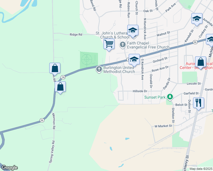 map of restaurants, bars, coffee shops, grocery stores, and more near 34911 West State Street in Burlington