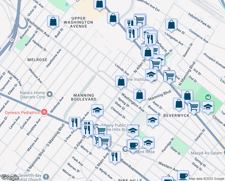 map of restaurants, bars, coffee shops, grocery stores, and more near 858 Washington Avenue in Albany