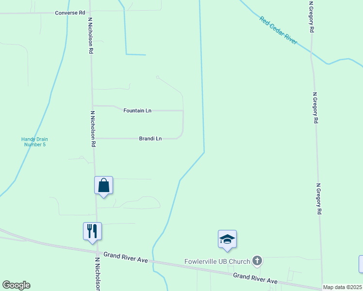 map of restaurants, bars, coffee shops, grocery stores, and more near 19 Brandi Lane in Fowlerville