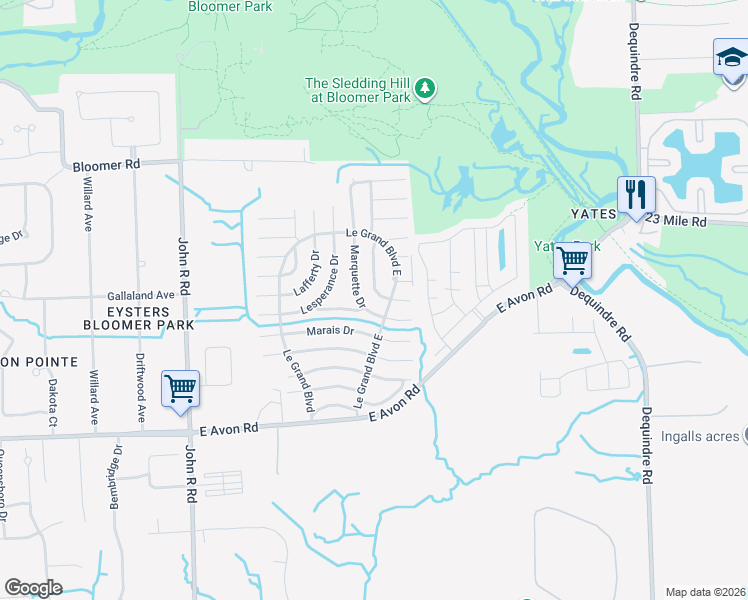 map of restaurants, bars, coffee shops, grocery stores, and more near 316 Marquette Drive in Rochester Hills