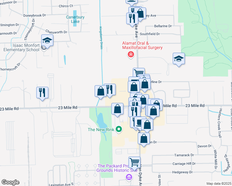 map of restaurants, bars, coffee shops, grocery stores, and more near 7601 23 Mile Road in Shelby Charter Township