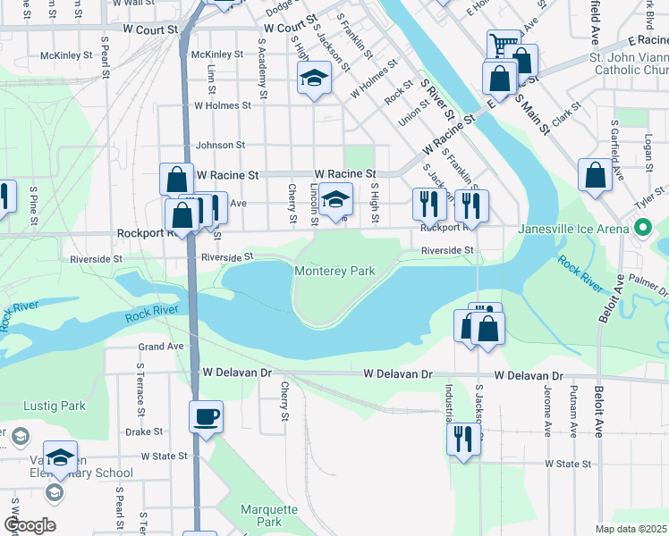 map of restaurants, bars, coffee shops, grocery stores, and more near 501 Rockport Road in Janesville