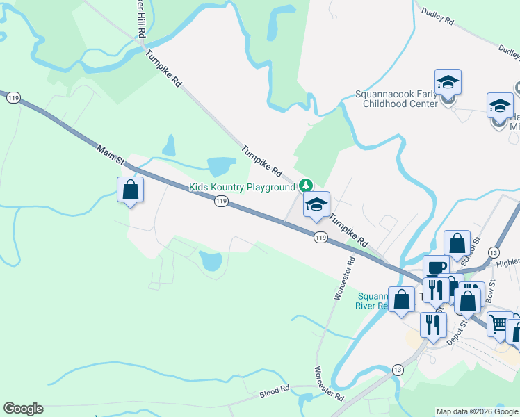 map of restaurants, bars, coffee shops, grocery stores, and more near 321 Main Street in Townsend
