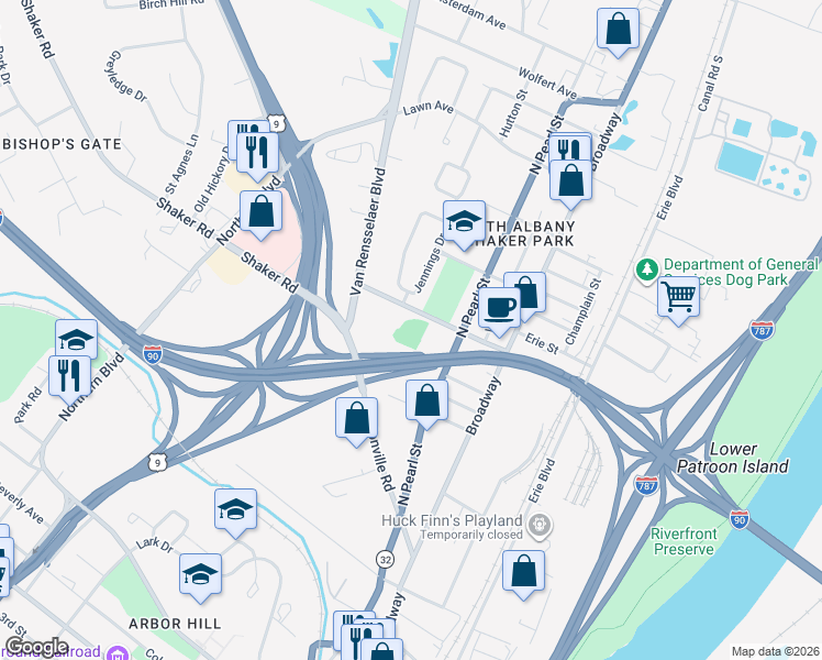 map of restaurants, bars, coffee shops, grocery stores, and more near 61 North 1st Street in Albany