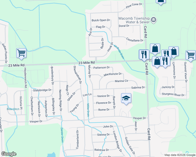 map of restaurants, bars, coffee shops, grocery stores, and more near 50656 Murray Drive in Macomb