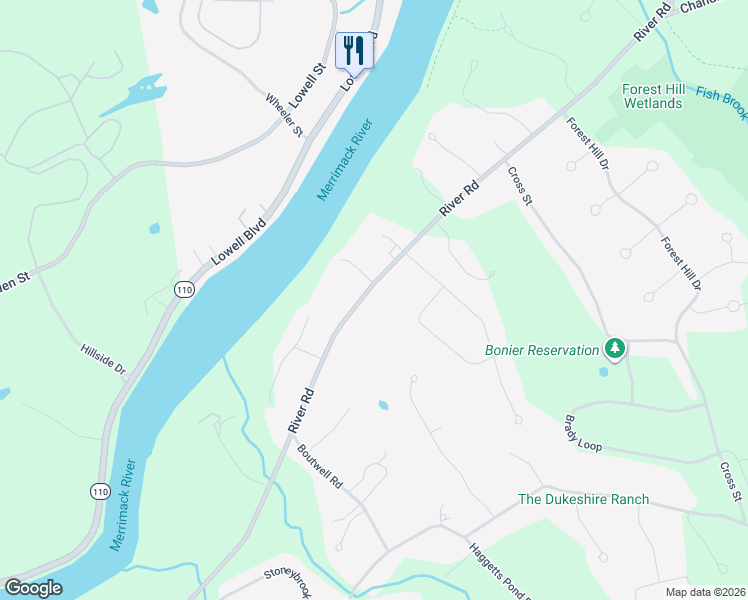map of restaurants, bars, coffee shops, grocery stores, and more near 326 River Road in Andover
