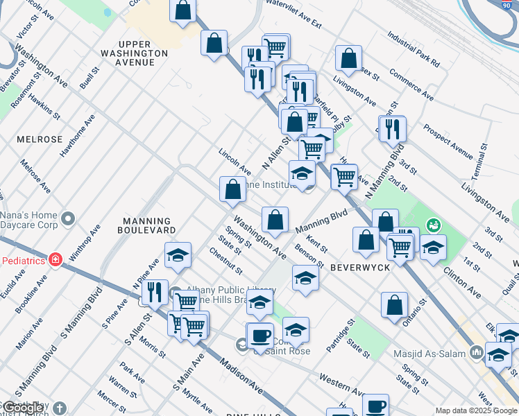 map of restaurants, bars, coffee shops, grocery stores, and more near 352 Manning Boulevard in Albany