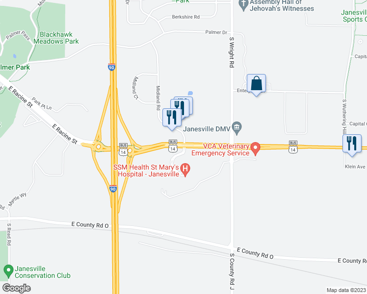 map of restaurants, bars, coffee shops, grocery stores, and more near 3436 Wisconsin 11 in Janesville