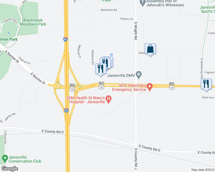 map of restaurants, bars, coffee shops, grocery stores, and more near 3436 Wisconsin Trunk Highway 11 in Janesville