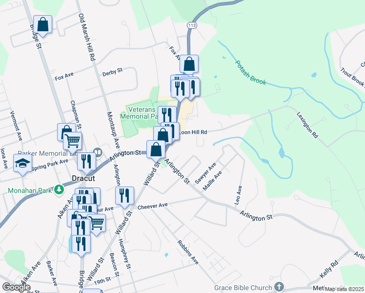 map of restaurants, bars, coffee shops, grocery stores, and more near 182 Arlington Street in Dracut