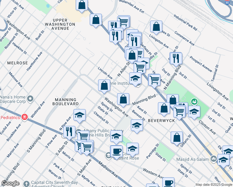 map of restaurants, bars, coffee shops, grocery stores, and more near 352 Manning Boulevard in Albany