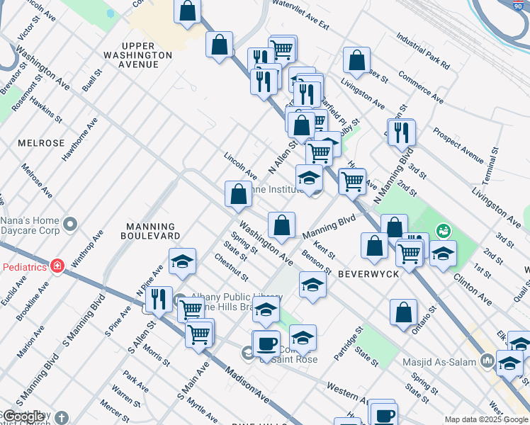 map of restaurants, bars, coffee shops, grocery stores, and more near 352 Manning Boulevard in Albany