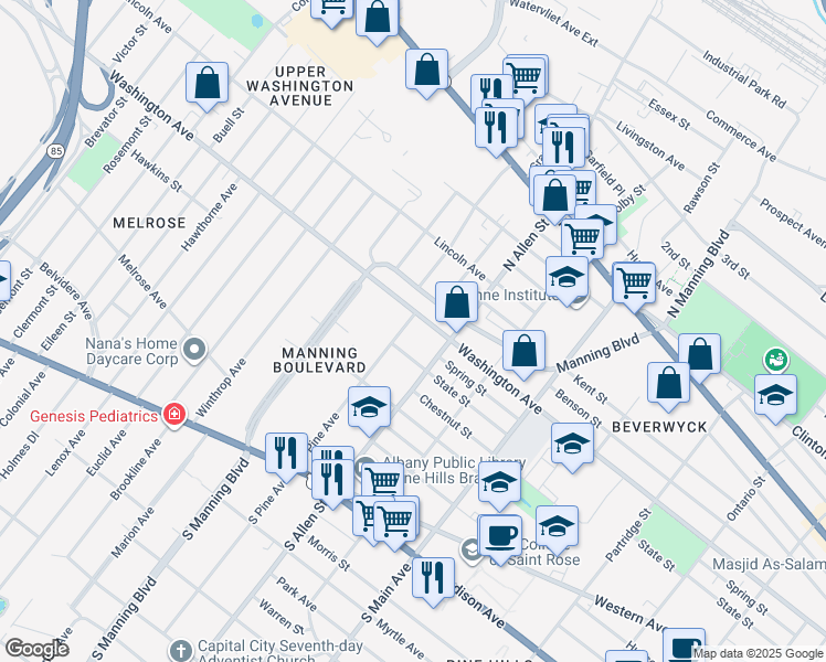 map of restaurants, bars, coffee shops, grocery stores, and more near 123 North Pine Avenue in Albany