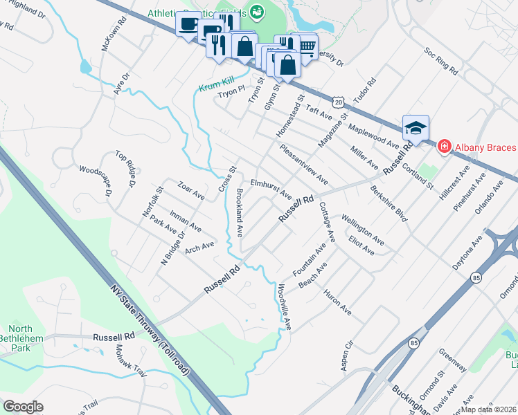 map of restaurants, bars, coffee shops, grocery stores, and more near 16 Moreland Avenue in Albany
