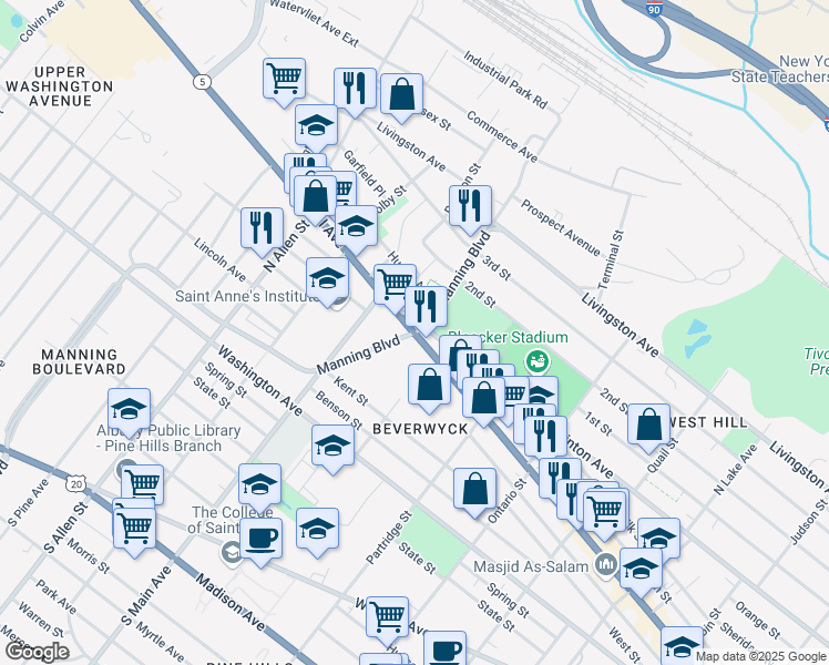 map of restaurants, bars, coffee shops, grocery stores, and more near Central Ave & Manning Blvd in Albany