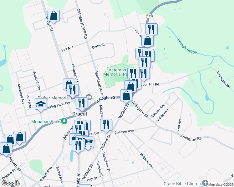 map of restaurants, bars, coffee shops, grocery stores, and more near 127 Arlington Street in Dracut