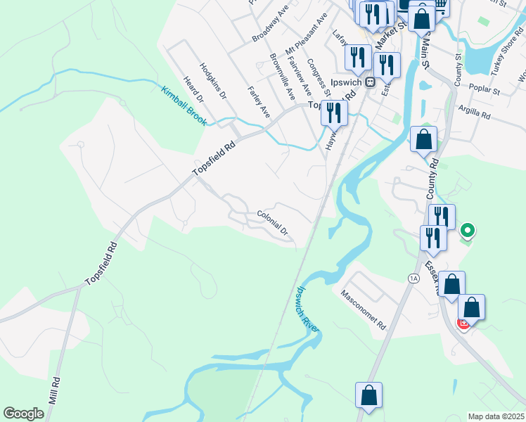 map of restaurants, bars, coffee shops, grocery stores, and more near 500 Colonial Drive in Ipswich