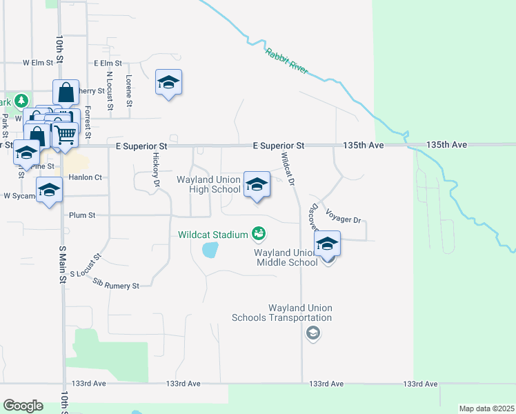 map of restaurants, bars, coffee shops, grocery stores, and more near 870 East Superior Street in Wayland