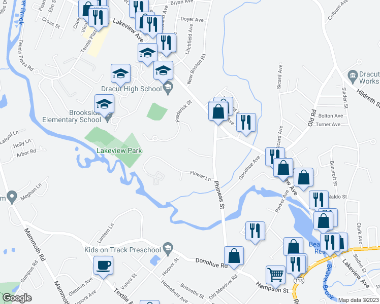 map of restaurants, bars, coffee shops, grocery stores, and more near 65 Phineas Street in Dracut