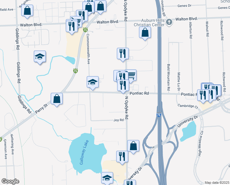 map of restaurants, bars, coffee shops, grocery stores, and more near 2175 Pontiac Road in Auburn Hills