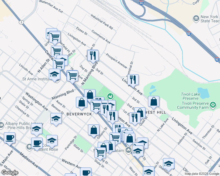 map of restaurants, bars, coffee shops, grocery stores, and more near 597 2nd Street in Albany