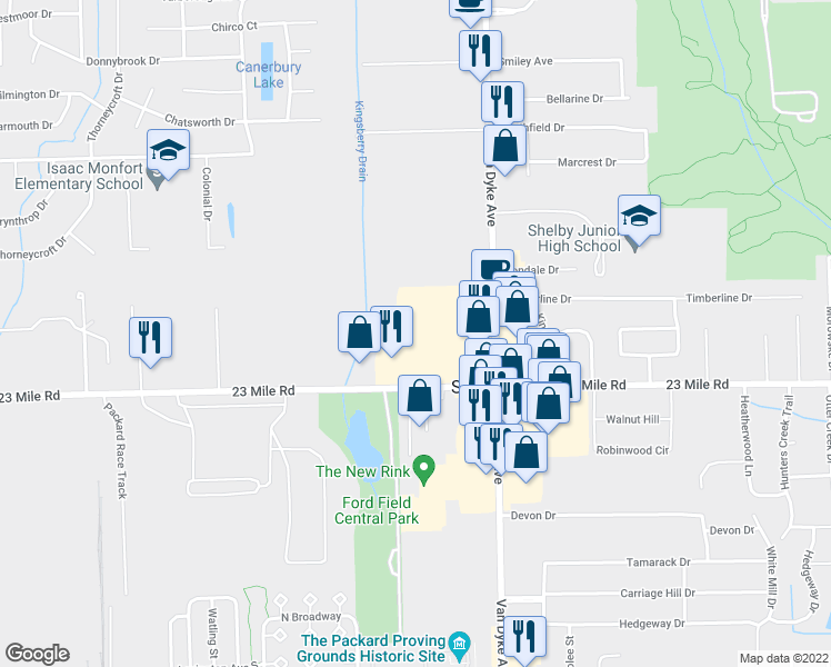 map of restaurants, bars, coffee shops, grocery stores, and more near 7601 23 Mile Road in Shelby Charter Township