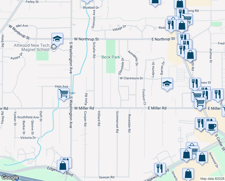 map of restaurants, bars, coffee shops, grocery stores, and more near 6028 Ellendale Drive in Lansing