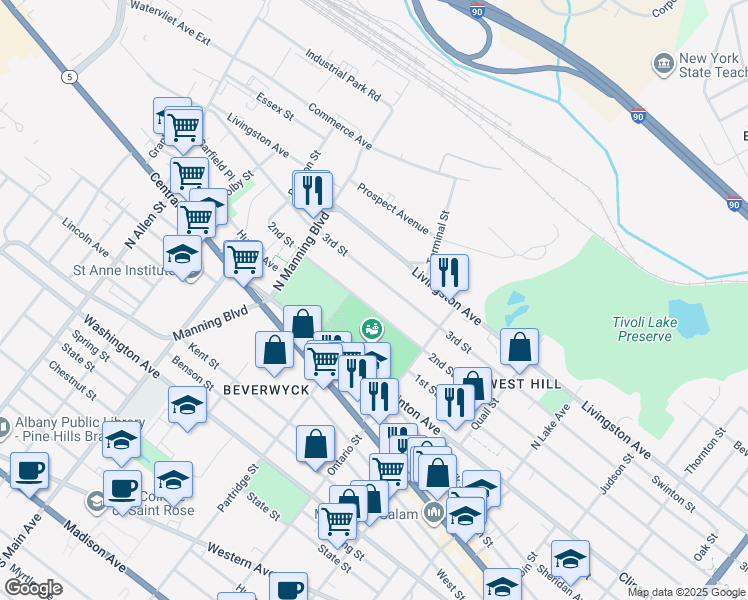 map of restaurants, bars, coffee shops, grocery stores, and more near 575 2nd Street in Albany
