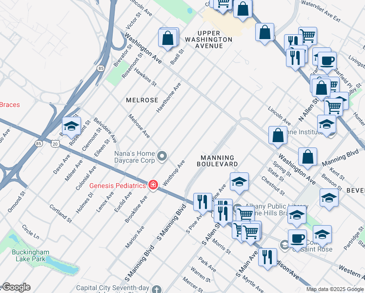 map of restaurants, bars, coffee shops, grocery stores, and more near 78 Winthrop Avenue in Albany