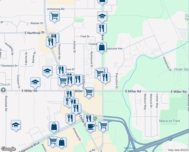 map of restaurants, bars, coffee shops, grocery stores, and more near 824 Conrad Avenue in Lansing