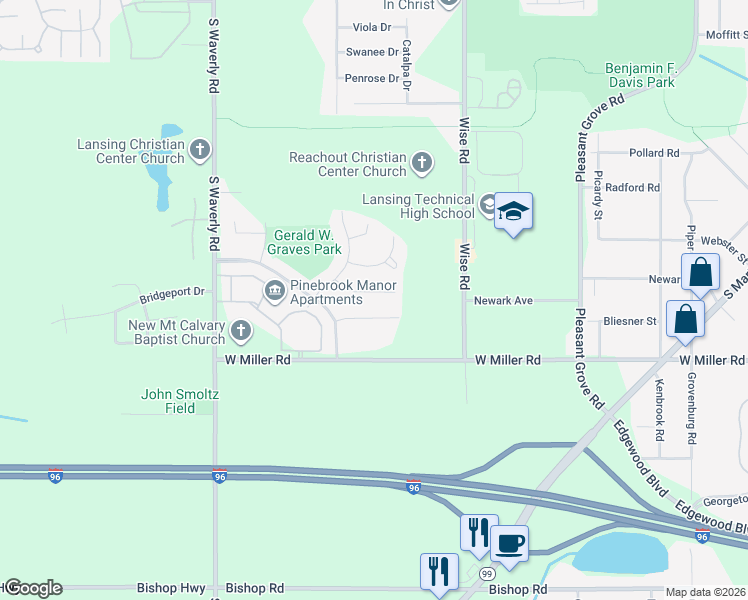 map of restaurants, bars, coffee shops, grocery stores, and more near 3311 Independence Lane in Lansing