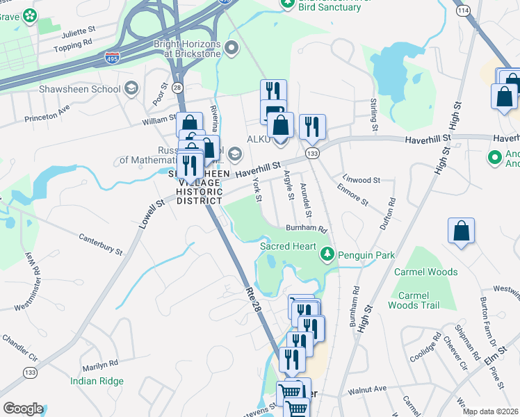 map of restaurants, bars, coffee shops, grocery stores, and more near 14 York Street in Andover