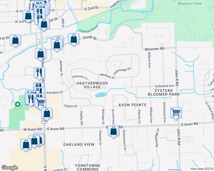 map of restaurants, bars, coffee shops, grocery stores, and more near 334 Arlington Drive in Rochester Hills