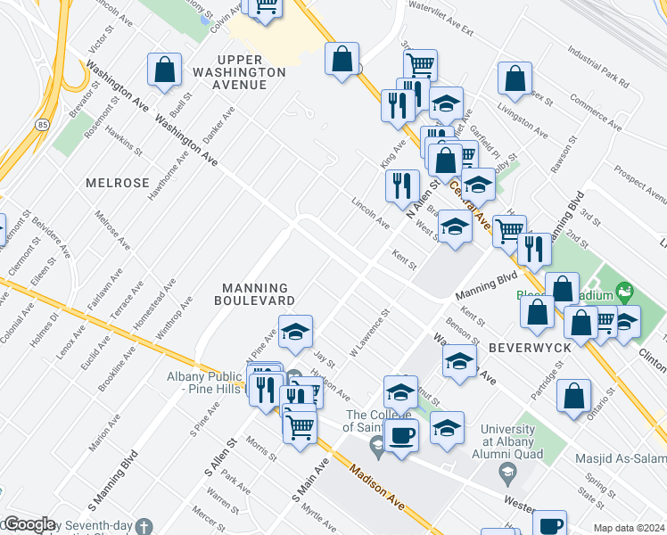 map of restaurants, bars, coffee shops, grocery stores, and more near 139 North Pine Avenue in Albany