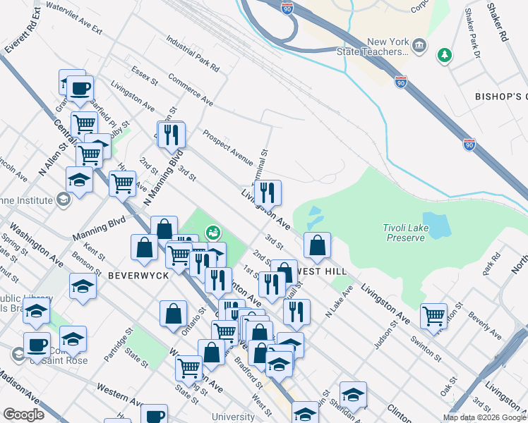 map of restaurants, bars, coffee shops, grocery stores, and more near 590 Livingston Avenue in Albany