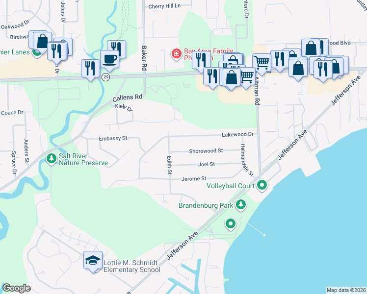 map of restaurants, bars, coffee shops, grocery stores, and more near 34300 Shorewood Street in New Baltimore
