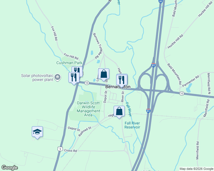map of restaurants, bars, coffee shops, grocery stores, and more near Church Street & Depot Street in Bernardston