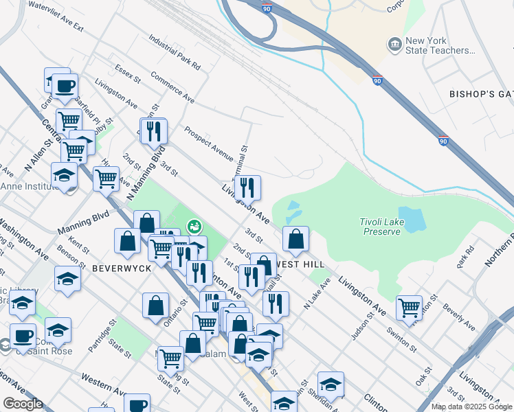 map of restaurants, bars, coffee shops, grocery stores, and more near 581 Livingston Avenue in Albany