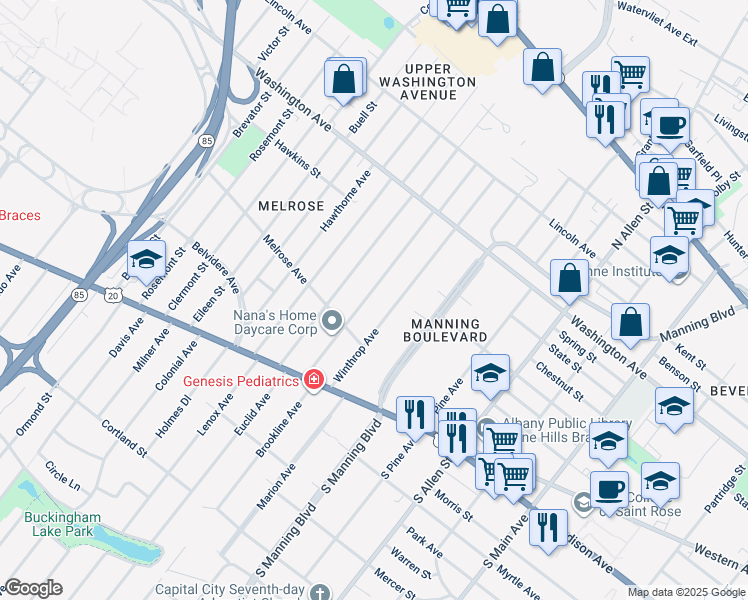 map of restaurants, bars, coffee shops, grocery stores, and more near 93 Homestead Avenue in Albany