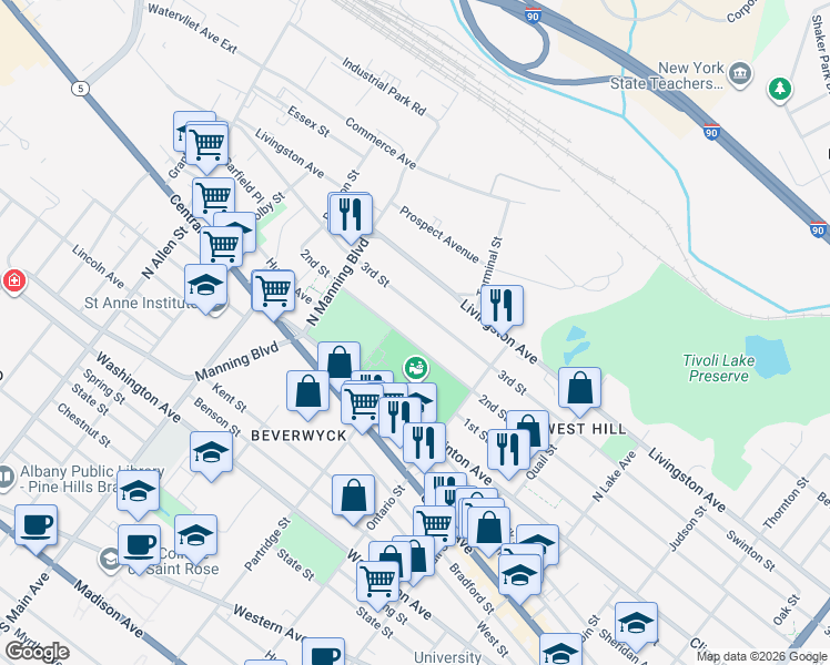 map of restaurants, bars, coffee shops, grocery stores, and more near 575 2nd Street in Albany