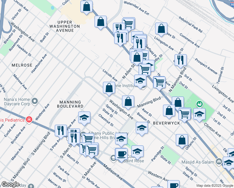 map of restaurants, bars, coffee shops, grocery stores, and more near 827 Washington Avenue in Albany