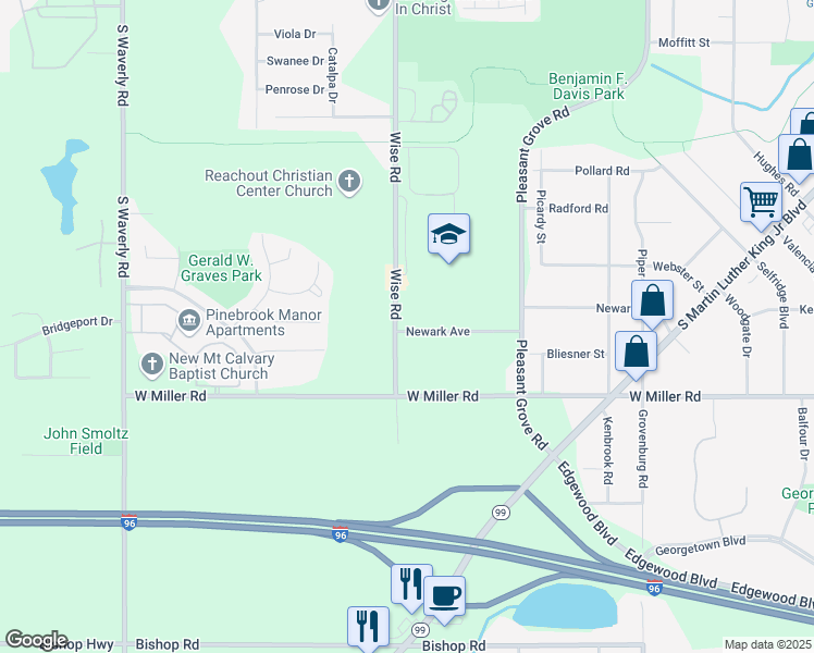 map of restaurants, bars, coffee shops, grocery stores, and more near 2924 Newark Avenue in Lansing