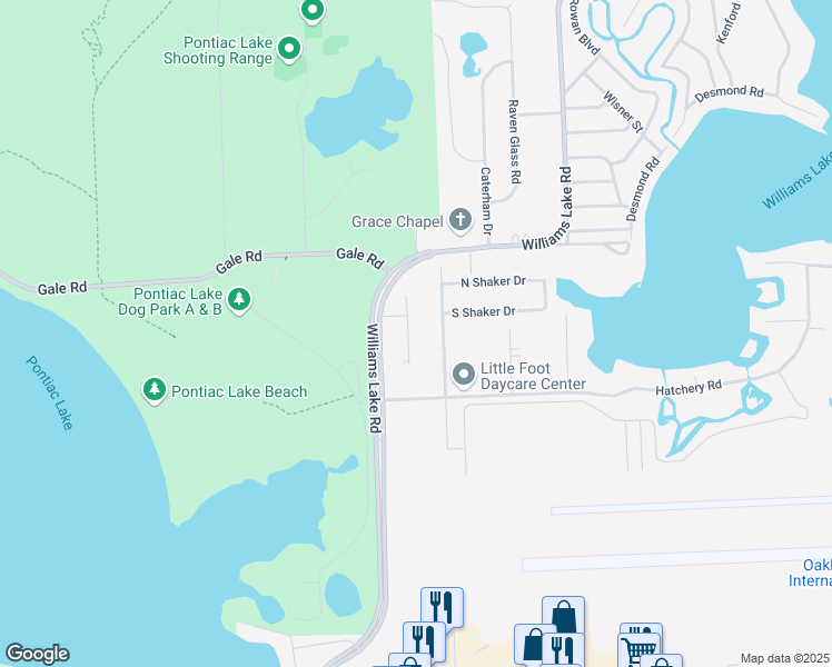 map of restaurants, bars, coffee shops, grocery stores, and more near North Williams Lake Road in Waterford charter Township