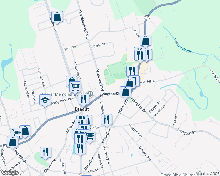 map of restaurants, bars, coffee shops, grocery stores, and more near in Dracut