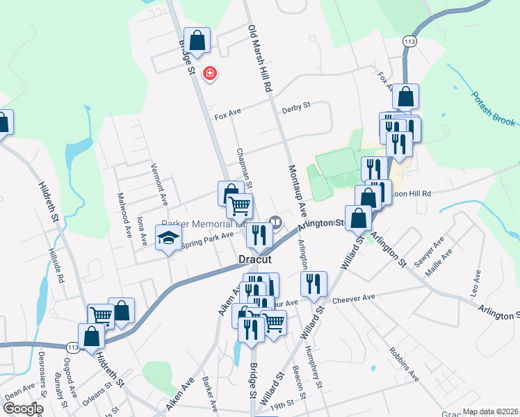 map of restaurants, bars, coffee shops, grocery stores, and more near 59 Champlain Street in Dracut